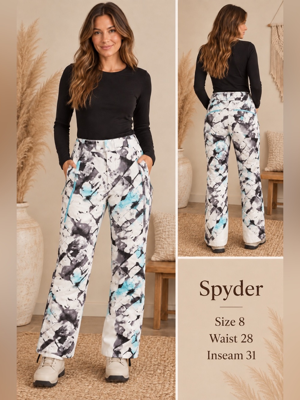 Spyder Women’s White Black & Aqua Marble-Print Wide Leg ski/snow Pants